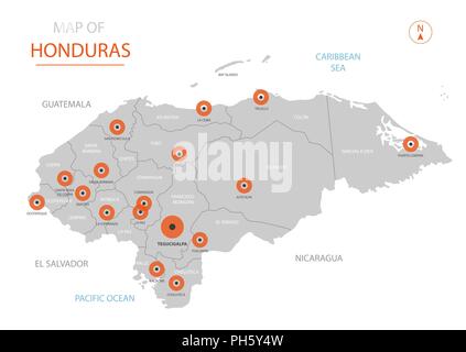 Vecteur stylisé Honduras carte montrant les grandes villes, la capitale Tegucigalpa, les divisions administratives et les frontières du pays Illustration de Vecteur
