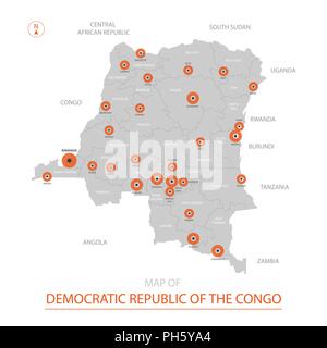 Vecteur stylisé République démocratique du Congo carte montrant les grandes villes, la capitale Kinshasa, divisions administratives. Illustration de Vecteur
