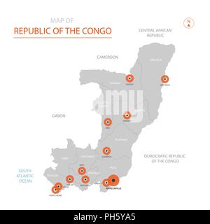 Vecteur stylisé République du Congo carte montrant les grandes villes, capitale Brazzaville, divisions administratives. Illustration de Vecteur