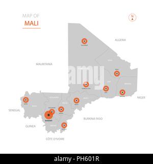 Vecteur stylisé Mali carte montrant les grandes villes, la capitale Bamako, divisions administratives. Illustration de Vecteur