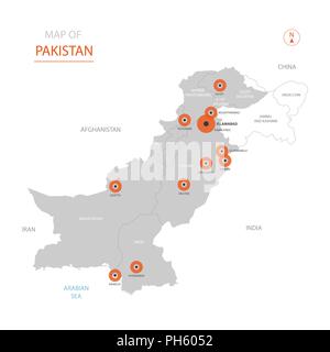 Vecteur stylisé Pakistan carte montrant les grandes villes, la capitale Islamabad, les divisions administratives. Illustration de Vecteur