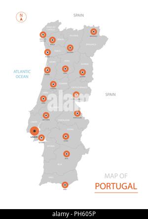 Vecteur stylisé Portugal carte montrant les grandes villes, la capitale Lisbonne, divisions administratives. Illustration de Vecteur