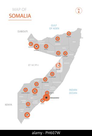 Vecteur stylisé Somalie carte montrant les grandes villes, la capitale Mogadiscio, les divisions administratives Illustration de Vecteur