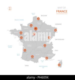 Vecteur stylisé France Carte montrant les grandes villes, Paris, capitale des divisions administratives. Illustration de Vecteur