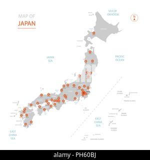 Vecteur stylisé Japon carte montrant les grandes villes, la capitale Tokyo, divisions administratives. Illustration de Vecteur