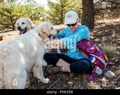 Female hiker repousse de bave de couleur platine Golden Retriever dog ; ouest ; Sentier Spartiate Salida Colorado ; USA ; Banque D'Images