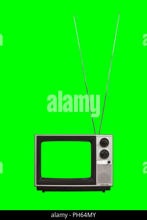 La télévision vintage avec de longues antennes verticales, chroma green screen et l'arrière-plan. Banque D'Images