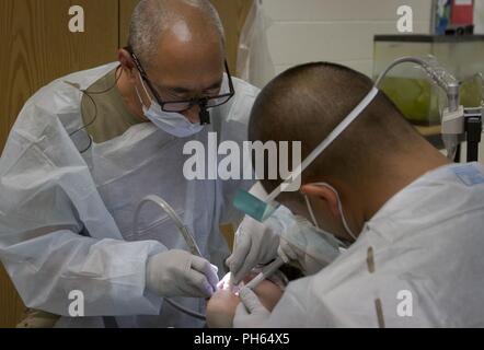 Le colonel Paul A. Viator, un dentiste général dans l'armée américaine Réserver affecté à l'hôpital de l'armée américaine 1984th, 9ème commande de soutien de mission hors de Honolulu Hawaii, effectue un examen dentaire au cours de soins en 2018 Tropic Kea'au, Hawaii, le 23 juin 2018. Soins Tropic 2018 est un événement de formation de préparation qui se déroule du 18 au 28 juin visant à accroître l'état de préparation militaire tout en servant la communauté de Kea'au, et ses environs. Banque D'Images