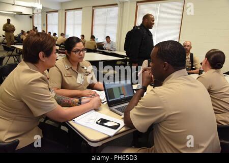 VIRGINIA BEACH, en Virginie (21 juin 2018) 1ère classe Yeoman Kathryn Patten, centre, un conseiller en carrière commande affectée à des activités de recrutement pour la Marine, Richmond commande remplit les Wayponts Carrière (C-Way) d'applications avec Chef Yeoman Curtis Aldridge, les gradés community manager conseiller technique affecté au Commandement du personnel de la Marine (CAN), au cours de la ma carrière dans la Marine au Symposium sur le développement Naval Station Norfolk. Le colloque, organisé par la CAN, est dans la région de Norfolk pour toucher les marins et les informer des avantages offerts par le personnel de l'initiatives de modernisation du programme marin 2025. Banque D'Images