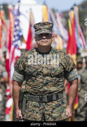 Le sergent du Corps des Marines des États-Unis. Le Major Miguel A. Ortega, sergent-major du bataillon de l'Administration centrale, 1 Division de marines (MARDIV), se situe à l'attention durant le sergent-major du 1er secours MARDIV et nomination cérémonie au Marine Corps Base Camp Pendleton, en Californie, le 28 juin 2018. La cérémonie a été l'occasion de célébrer le sergent-major entrant, le Sgt. Le major Terrance C. Whitcomb, et dire au revoir à l'offgoing le sergent major, le Sgt. Le major William T. Semeurs. Banque D'Images