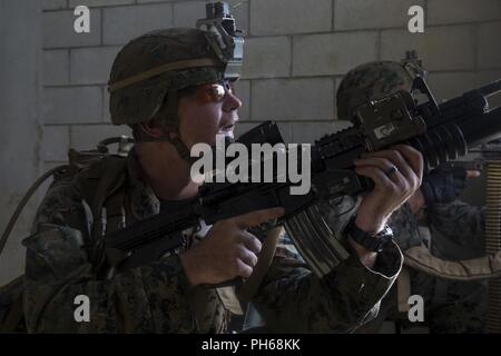 Lance le Cpl. Tanner Springer, originaire de Draper, Utah et un carabinier avec Echo, l'entreprise Équipe de débarquement du bataillon, 2e Bataillon, 5ème Marines, détient une garantie à l'intérieur d'un bâtiment autorisé lors d'un assaut sur la ville de Combat mécanisée dans le cadre de la 31e Marine Expeditionary Unit's MEU Exercice, zone centrale de formation, Okinawa, Japon, le 28 juin 2018. Les Marines et les marins à la société Echo a effectué le dernier événement de formation de MEUEX, une attaque lancée depuis le Camp Schwab et ciblant la lutte contre la ville, partie de la région centrale de formation d'Okinawa. Marines avec Echo, l'agression de la société mécanisée de l'élément avec BLT 2/5, p Banque D'Images