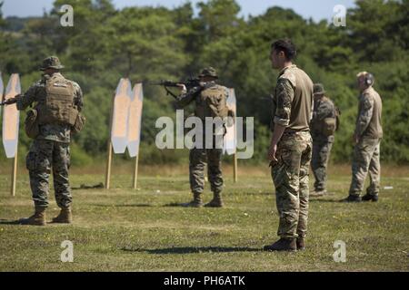 Les Marines américains avec Echo, Batterie, 2e Bataillon, 10e Régiment de Marines, 2e Division de marines, et des soldats britanniques avec 29 régiment de commando, de l'Artillerie royale, mener un assaut gamme de cours dans le cadre de l'exercice Green Cannon 18 au Camp Bulford, Angleterre, le 29 juin 2018. Green Cannon est un exercice de formation offrant la possibilité d'échanger des Marines tactiques et techniques tout en renforçant les relations et l'interopérabilité avec leurs homologues britanniques. Banque D'Images