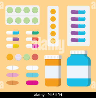 Un ensemble de pilules collection médecine ou soins médicaux avec une bouteille et tablette vector illustration Banque D'Images