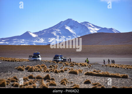 4 x 4 l'arrêt des véhicules de l'expédition sur les rives de la Laguna Kollpa dans la réserve nationale Eduardo Avaroa, province Sud Lipez, Bolivie Banque D'Images