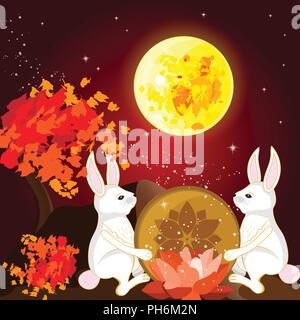 Abstarct de mi-automne festival image vectorielle avec grande lune, fleur de lotus, couple de lapins et les feuilles d'automne Illustration de Vecteur