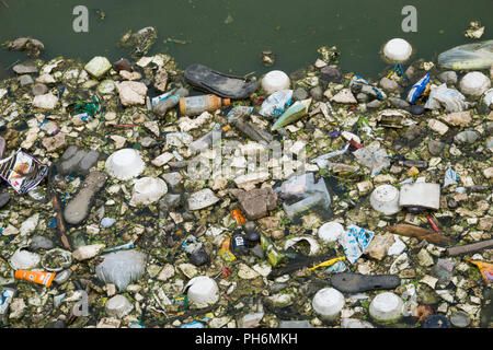 Sacs en plastique, bouteilles, polystyrène et autres ordures ne contamine l'eau d'une lagune à Pushkar, Inde Banque D'Images