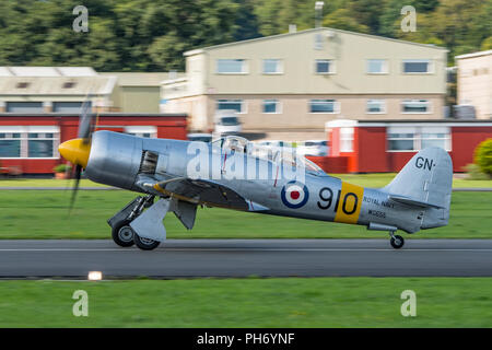 Hawker Sea Fury T20 en avion jusqu'à la vitesse pour décoller de l'Aérodrome de Dunsfold, UK pendant les ailes et roues Bourget sur le 25 août 2018. Banque D'Images