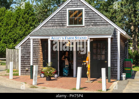 Une femme quitte l'allée historique ferme Stand après avoir effectué un achat à West Tisbury, Massachusetts sur Martha's Vineyard. Banque D'Images