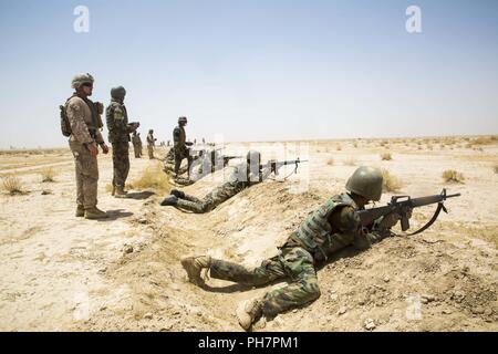 La province d'Helmand, en Afghanistan (27 juin 2018) - L'Armée nationale afghane (ANA) 215e soldats tirer sur l'ennemi corps simulé des cibles au cours d'une gamme de tir réel supervisé par les instructeurs de l'ANA et conseillers du Corps des Marines des États-Unis avec la Force au sud-ouest au Camp Shorabak. C'est la première fois dans l'histoire de l'échelon régional Centre d'entraînement militaire que les militaires de l'ANA ont mené des attaques de tir réel squad avec le soutien de feu de mortiers et mitrailleuses pendant un cycle de préparation opérationnelle. Banque D'Images