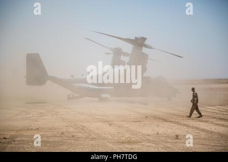 Un Corps des Marines MV-22 atterrit à un endroit éloigné près de la frontière iraqo-syrienne, pour ravitailler les Marines américains et les soldats du 3e régiment de cavalerie, le 23 juin 2018. Les forces de sécurité irakiennes et les partenaires de la Coalition a fourni l'appui feu pour aider les forces démocratiques syriennes comme ils continuer l'opération Roundup, l'offensive militaire à accélérer la défaite d'ISIS qui reste au milieu de la vallée de l'Euphrate et la région de la frontière irako-syrienne. Banque D'Images