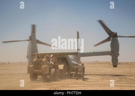 Soldats du 3e régiment de cavalerie décharger fournitures par un Corps des Marines MV-22 à un endroit distant, près de la frontière iraqo-syrienne, le 23 juin 2018. Les forces de sécurité irakiennes et les partenaires de la Coalition a fourni l'appui feu pour aider les forces démocratiques syriennes comme ils continuer l'opération Roundup, l'offensive militaire à accélérer la défaite d'ISIS qui reste au milieu de la vallée de l'Euphrate et la région de la frontière irako-syrienne. Banque D'Images