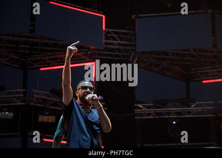 NOVI SAD, SERBIE - Juillet 14, 2018 : French Montana, alias Karim Kharbouch, un rappeur américain et l'enregistrement de l'artiste, sur scène au cours de la d'exi Banque D'Images