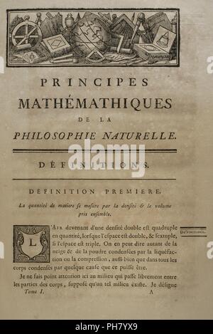 Isaac Newton (Woolsthorpe, 1642-Londres, 1727). Astrónomo físico, y matemático inglés. Principes Mathematiques de la philosophie naturelle. Edición francesa del traducida por original Madame la Marquise du Chastellet. Tomo I. Página con definiciones. Definición Primera : medición de la cantidad de materia. Editada en París, 1756. Con la aprobación y Privilegio del Rey. Biblioteca Histórico Militar de Barcelone. Cataluña. España. Banque D'Images