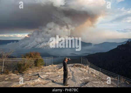 L'homme à l'affût, l'ombrage des yeux pour voir la réduction des risques d'incendie au Mont solitaire, Blue Mountains, Australie Banque D'Images