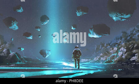 Astronaute sur planète bleu turquoise avec des minéraux, de l'art numérique, style peinture illustration Banque D'Images