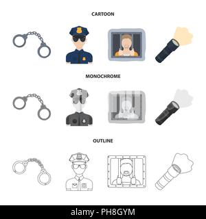 Menottes, policier, prisonnier, lampe.Police set collection icônes de cartoon,style monochrome,contour symbole vecteur illustration de stock . Illustration de Vecteur