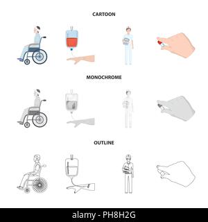 Incorrect avec trauma, transfusion sanguine, médecin, médicaments dans les mains d'un médecin. Collection d'icônes dans Medicineset,dessin,contour style monochrome Illustration de Vecteur