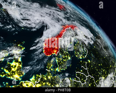 La Norvège à partir de l'espace visible de nuit avec des frontières du pays. 3D illustration. Éléments de cette image fournie par la NASA. Banque D'Images