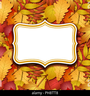 Des étiquettes d'image sur l'arrière-plan avec les feuilles d'automne. Banque D'Images
