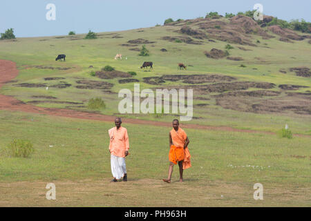 Goa, Inde - Juillet 8, 2018 - Deux prêtres marcher à travers les collines hindouiste à Goa en passant des vaches sacrées Banque D'Images