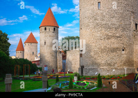 Mur de Tallinn, vue sur la ville et les jardins du parc vers la Basse-ville mur reliant une série de tours médiévales dans le centre de Tallinn, Estonie. Banque D'Images