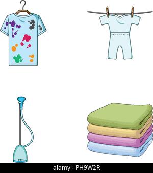 Aspirateur, une pile de linge sale, et nettoyer des choses. Nettoyage à Sec collection set icônes de style cartoon vector illustration stock symbol . Illustration de Vecteur