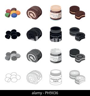 Dragee chocolat, dessert, pâtes, chocolat rouleau de pâte feuilletée. Collection dessert icônes de cartoon style du contour noir monochrome symbole vecteur sto Illustration de Vecteur