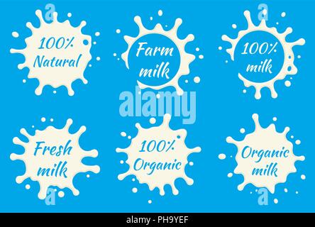 Étiquettes lait vector set. Splash de lait et blot design, forme creative illustration.