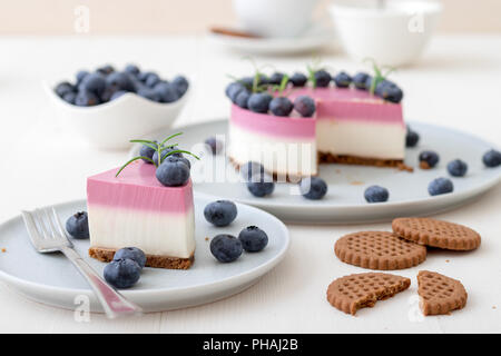 Les deux couleurs mini bleuets gâteau au fromage. Sans cuisson ronde cheesecake, partie découpée sur la petite plaque avec quelques cookies dans le focus. Haut de gâteau décorer Banque D'Images