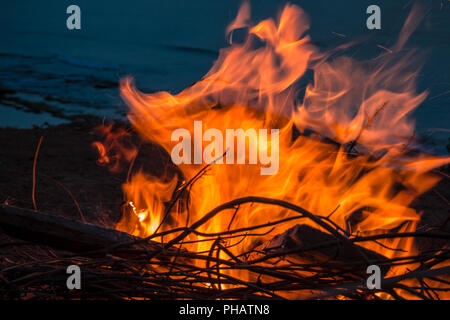 Feu de camp au crépuscule sur la plage Banque D'Images