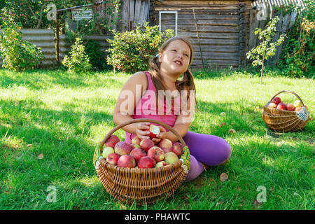 Jolie petite fille jouant avec un panier de pommes dans un fond d'herbe verte de l'arbre et sourit Banque D'Images