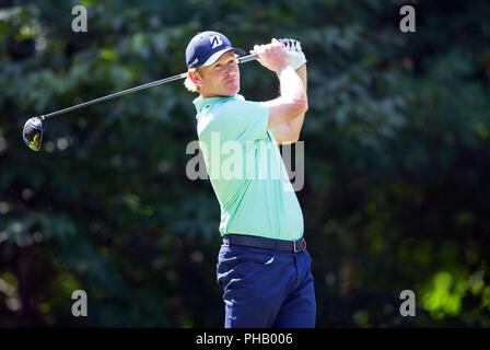 31 août, 2018 ; Norton, MA, USA ; Brandt Snedeker a la 9e boîte de pièce en t au cours de la première ronde de la Technologies Dell Championship à PTC Boston à Norton, MA. Anthony Nesmith/CSM Banque D'Images