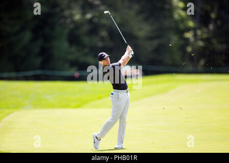 31 août, 2018 ; Norton, MA, USA ; Rory McIlroy à la 9e fairway lors du premier tour des technologies Dell Championship à PTC Boston à Norton, MA. Anthony Nesmith/CSM Banque D'Images