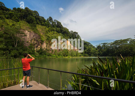 Vue arrière d'un homme caucasien portant un t-shirt rouge, utilisant ses jumelles pour observer les oiseaux autour de la carrière de Singapour. Banque D'Images