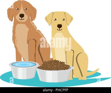 Cute golden retriever et labrador chiens avec bols de nourriture sur fond blanc, vector illustration Illustration de Vecteur