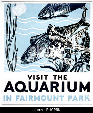 Affiche annonçant l'aquarium de Fairmount Park en tant que lieu de visite, montrant le poisson. Banque D'Images