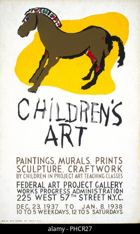 Affiche annonçant la pièce de l'art des enfants au niveau fédéral un projet d'Art Gallery, Works Progress Administration, 225 West 57th Street, New York City, montrant un dessin d'enfant d'un cheval. Banque D'Images