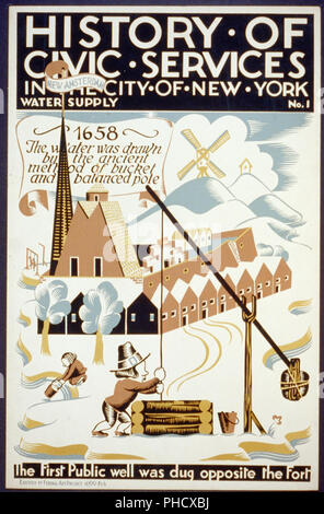 Pour l'affiche de la série de projets d'art fédéral sur l'histoire de services municipaux, montrant l'eau est tirée d'un puits à l'extérieur un fort dans 'Nouveau' d'Amsterdam en 1658. Banque D'Images