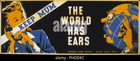 Pour l'affiche de la treizième district naval, United States Navy, montrant une femme parlant au téléphone et un globe terrestre avec des oreilles écoute clandestine. Banque D'Images