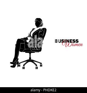 Femme d'affaires. Femme en costume d'affaires. Businesswoman sitting in a chair avec une tasse de café Illustration de Vecteur